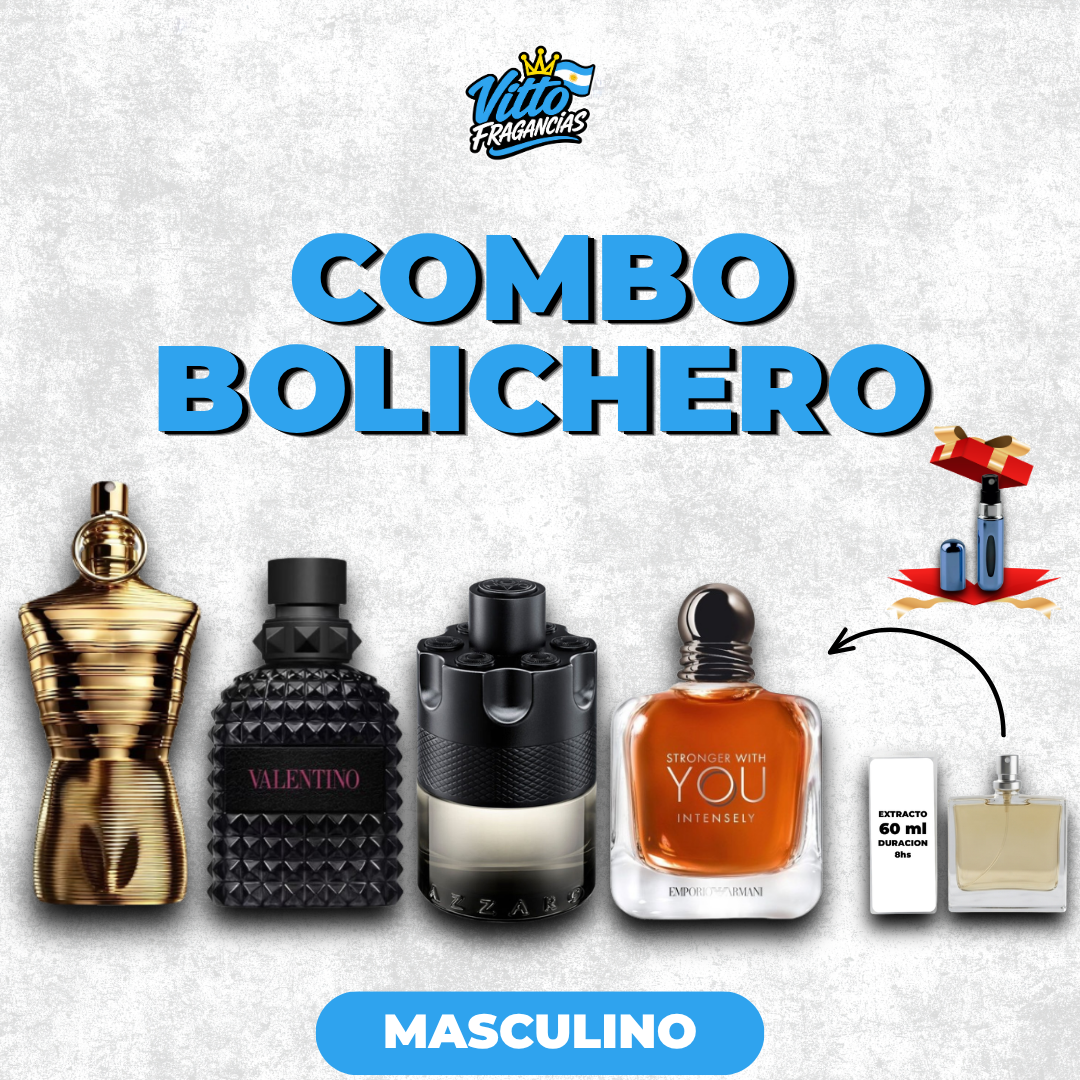 Combo Bolichero x4 [Le Male Elixir+Azzaro+Valentino+ Stronger] — 34% OFF + Envío Gratis + perfumero 5ml